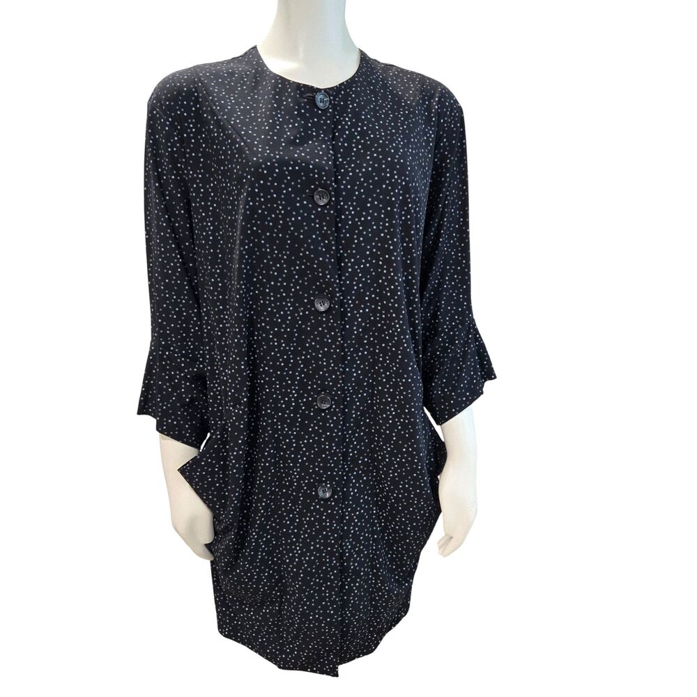Blanque Top Womens 0/S Black Dots Longer Tunic Button Up Pockets Lagenlook Artsy